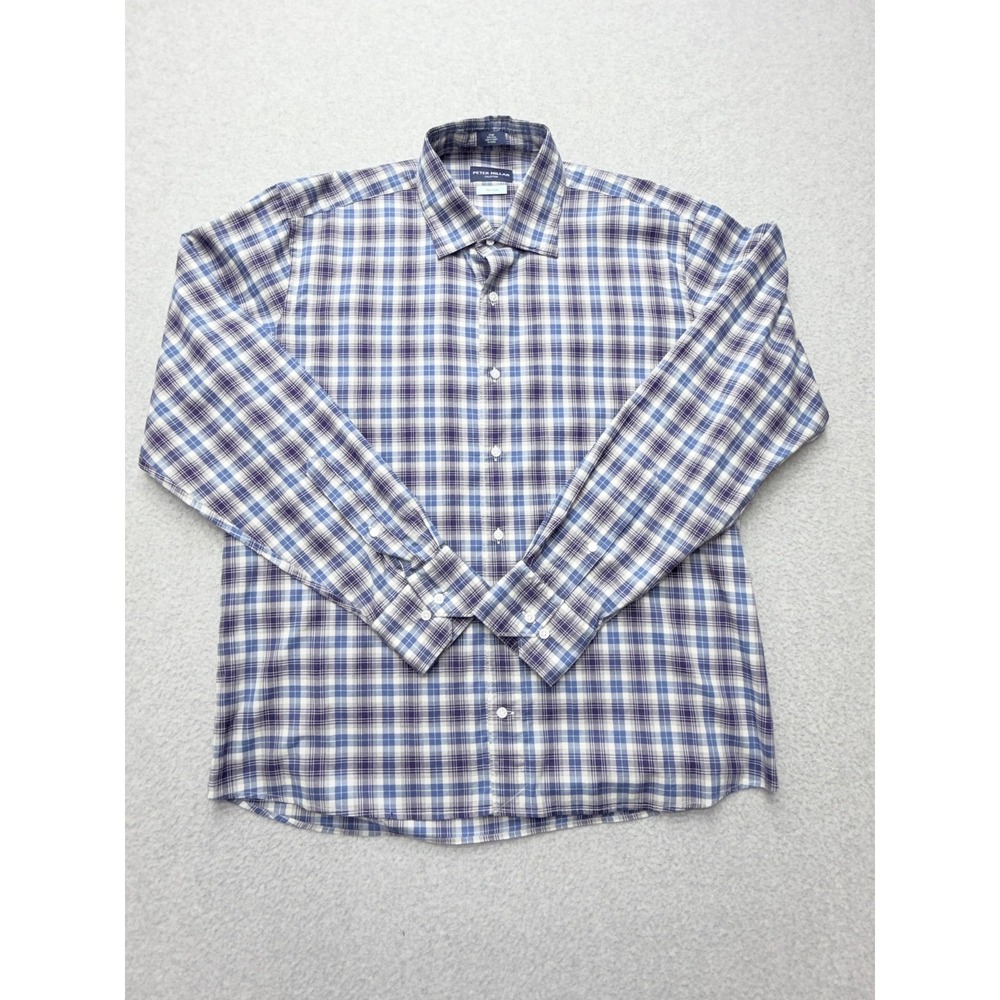 Peter Millar Shirt Mens Large Blue Plaid Long Sleeve‎ Button Front Flex Finish